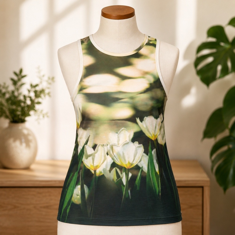 NWT Topshop Tank‎ Top Womens XS Green White Floral Tulip Racerback Graphic Tee